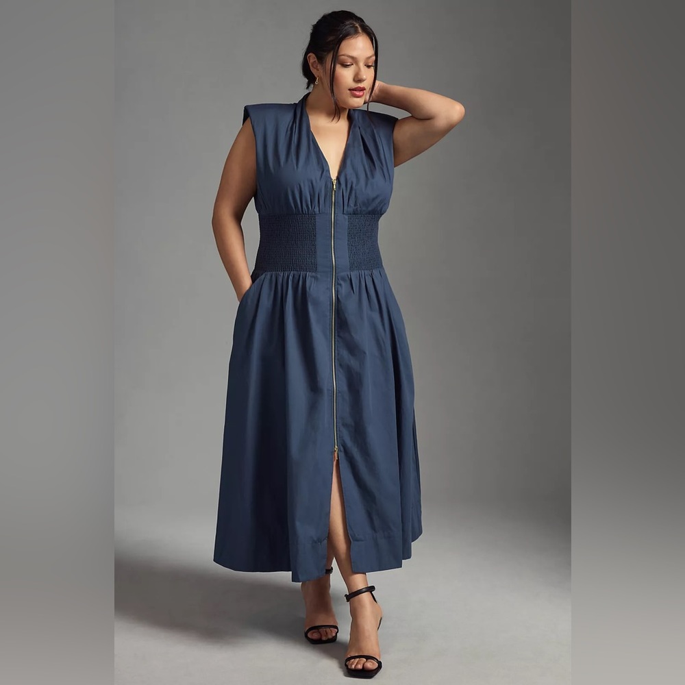 Maeve by Anthropologie Smocked-Waist Zip-Up Shirt Dress NWT Navy
